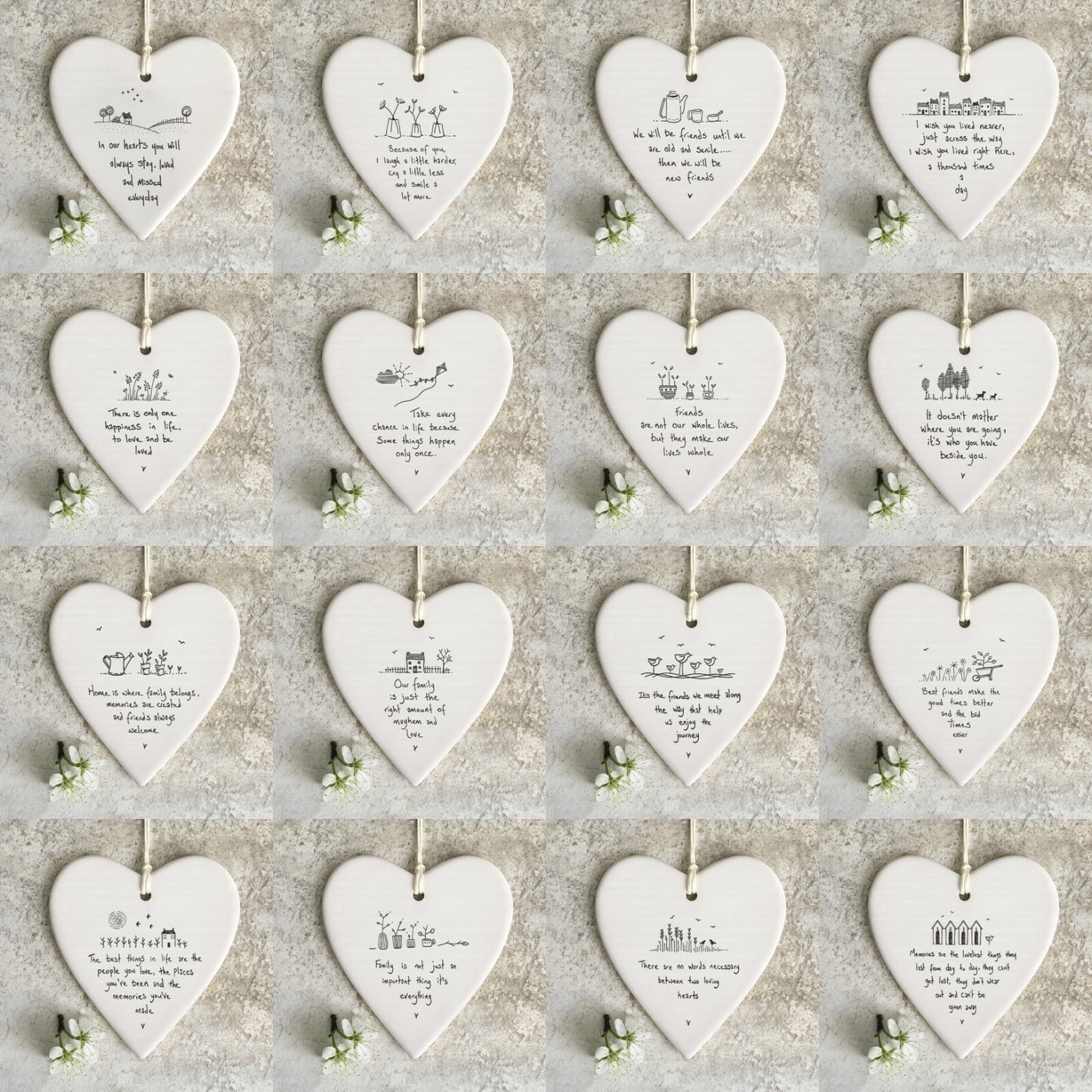 East of India Porcelain Hanging Wobbly Round Hearts with Sentiment Keepsake Gift