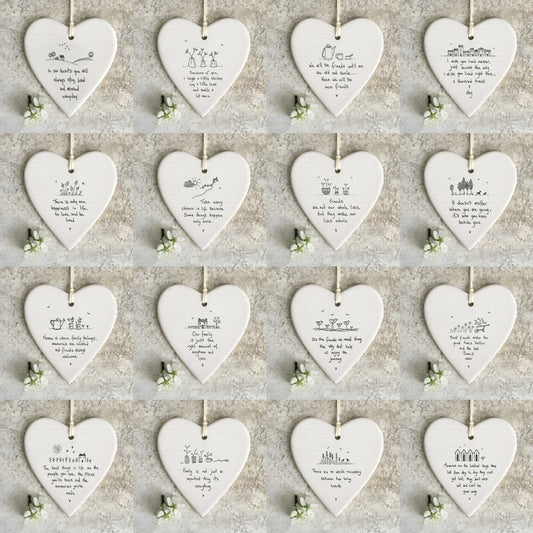 East of India Porcelain Hanging Wobbly Round Hearts with Sentiment Keepsake Gift
