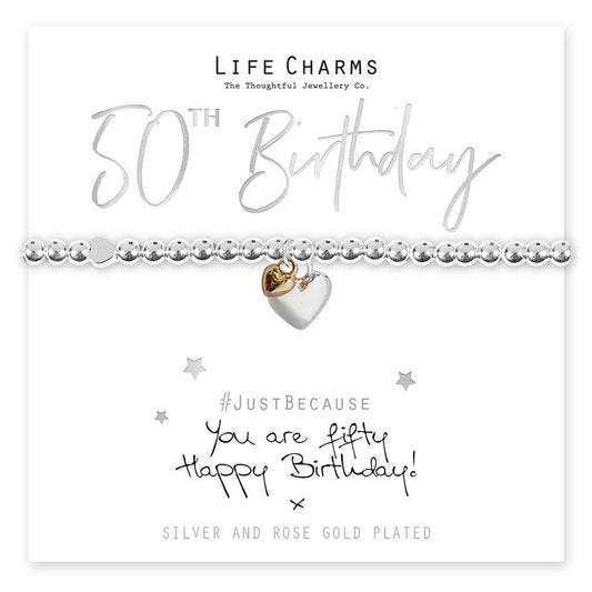 Life Charms Bracelet - 50th  " You Are FIFTY, Happy Birthday! x " - Gift Boxed
