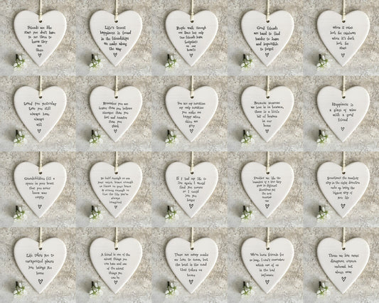 East of India Porcelain Hanging Round Hearts Keepsake with Sentiment  - Free P&P
